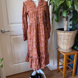 Boho Cottagecore Floral Prairie Dress | Long Sleeve Midi | Size Small